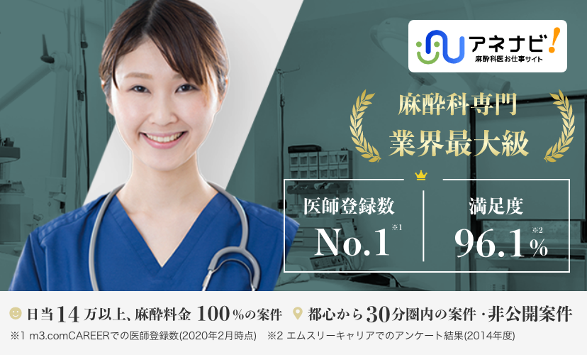 麻酔科専門 業界最大級 医師登録数 No.1　満足度96.1%